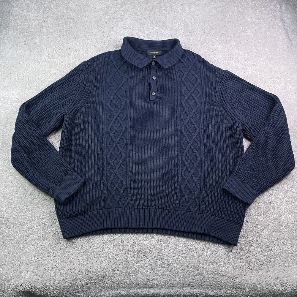 Banana Republic Sweater Polo Mens XL Blue Cable‎ Knit Fisherman Chunky Pullover